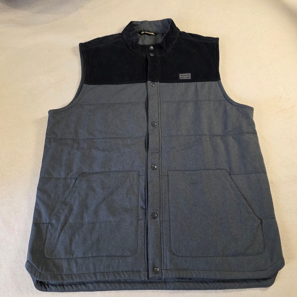 TravisMathew Mens XXL Puffer Vest Grey Navy Blue Corduroy Yoke Quilted Snap Vest